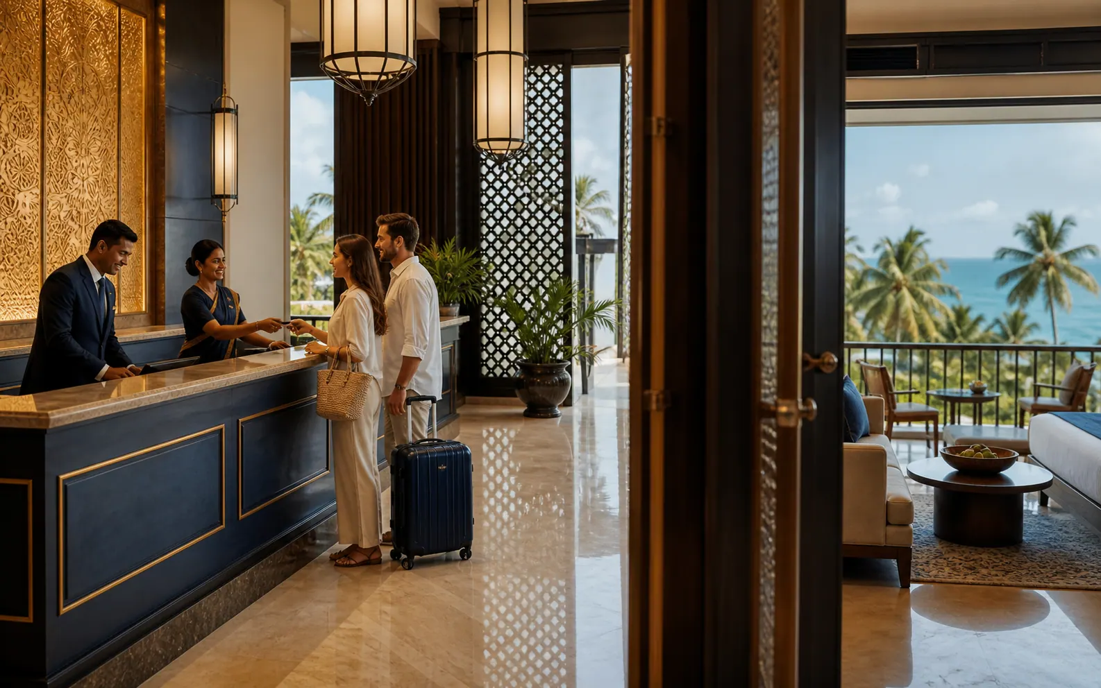Travellers receiving a considered hotel welcome