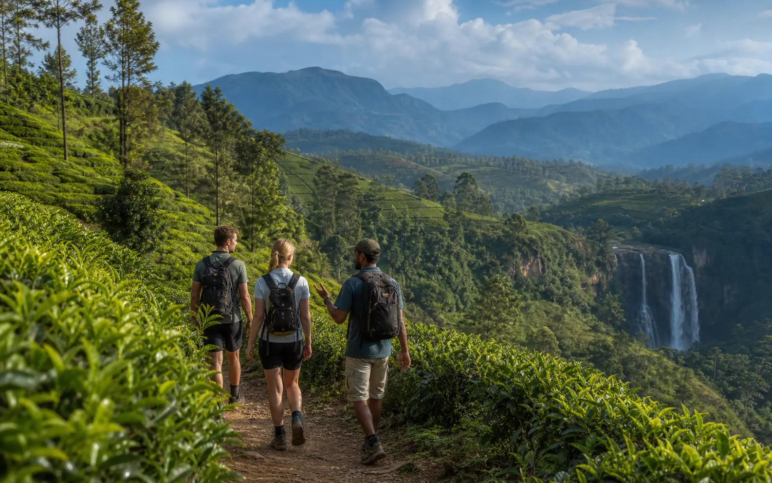 Travellers hiking through Sri Lankan tea country