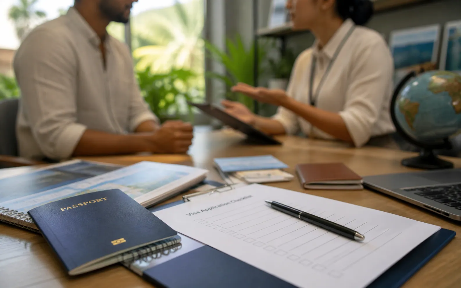 Passport and blank travel application checklist on a consultation desk